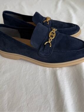 Sam Edelman Navy Suede Loafers with Gold Chain Accent